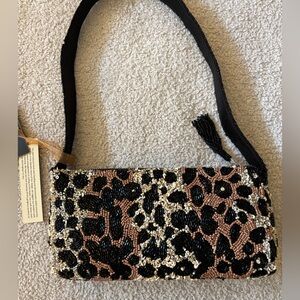 India Boutique Black and Brown Beaded Leopard-Print Shoulder Bag